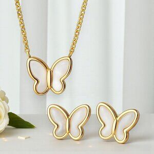 Whimsical Butterfly 18K Gold Plated Stainless Steel Mother Of Pearl Set